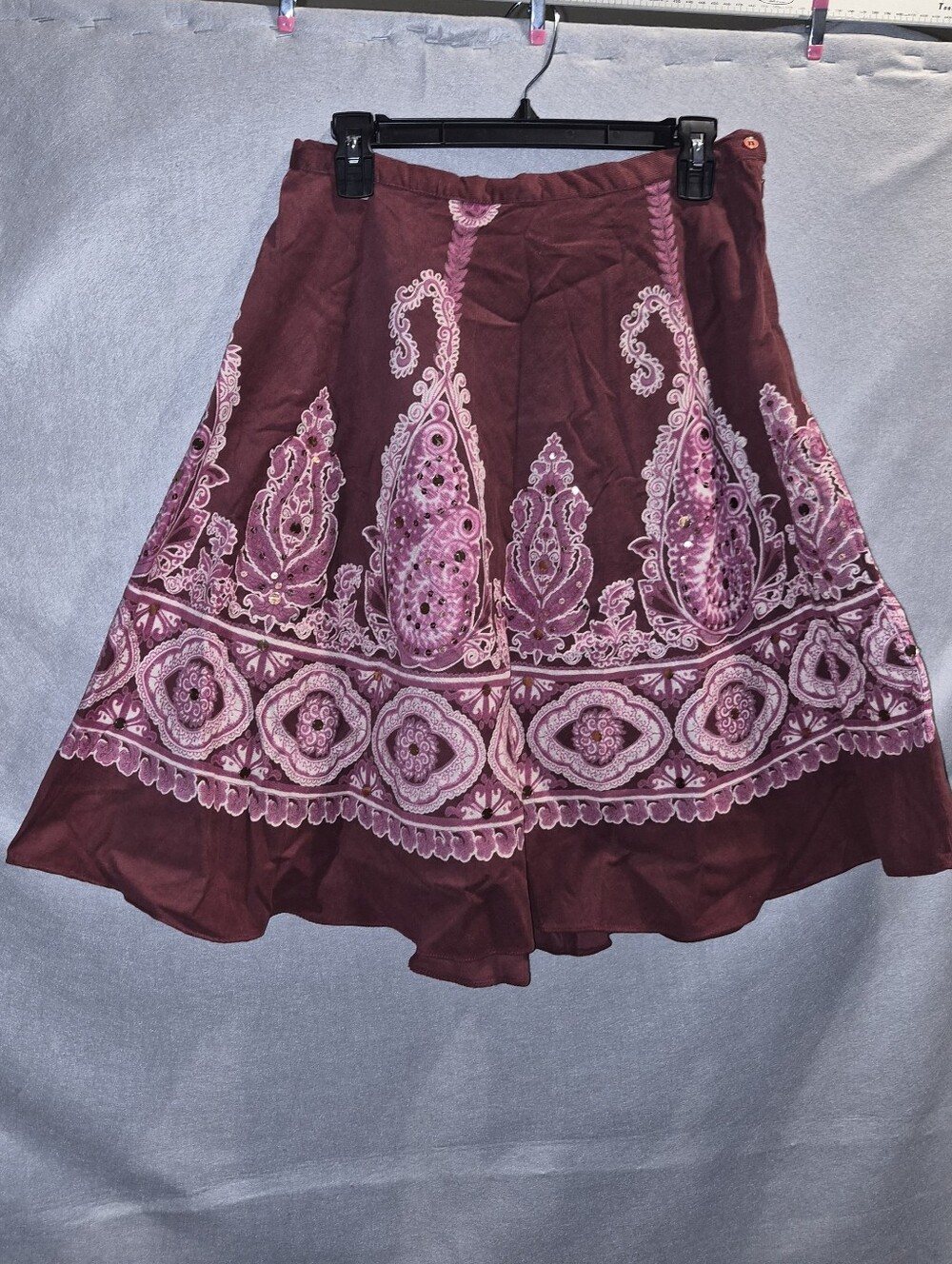 Angie Burgundy Pink Paisley Embellished Boho Midi Skirt – Size M